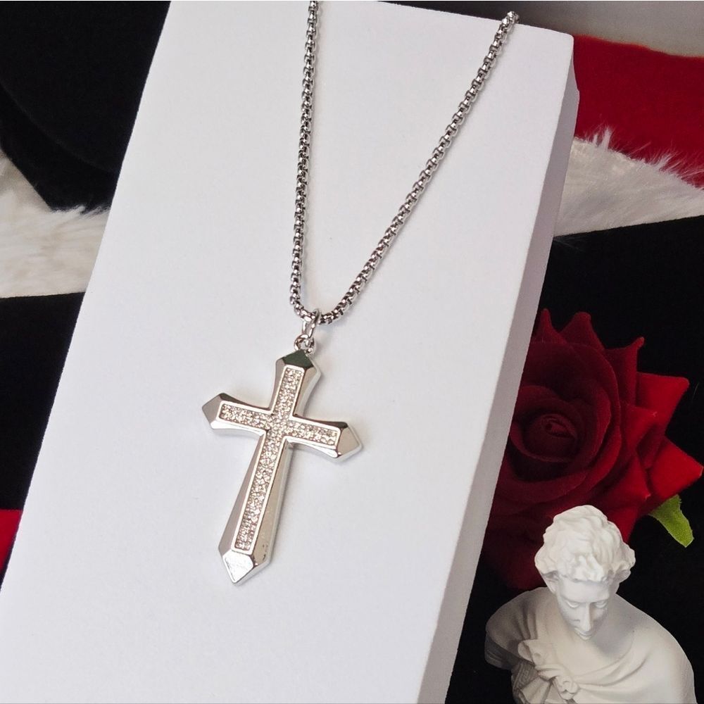 Iced Out Passion Cross Necklace Stainless Steel Rhinestone Pendant 24” Box Chain